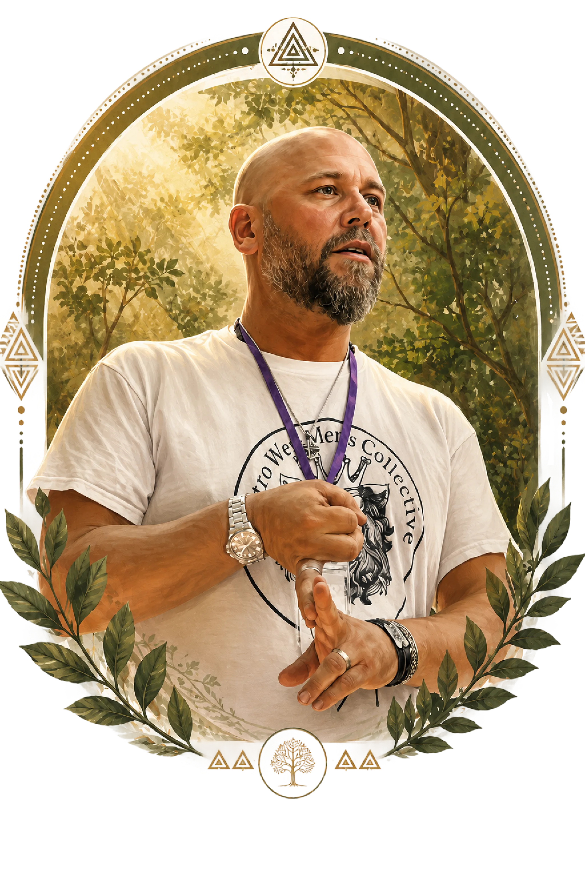 Illustrated portrait of Eric Bloomstein speaking outdoors among trees, framed by an oval of leaves, golden arcs, and geometric motifs
