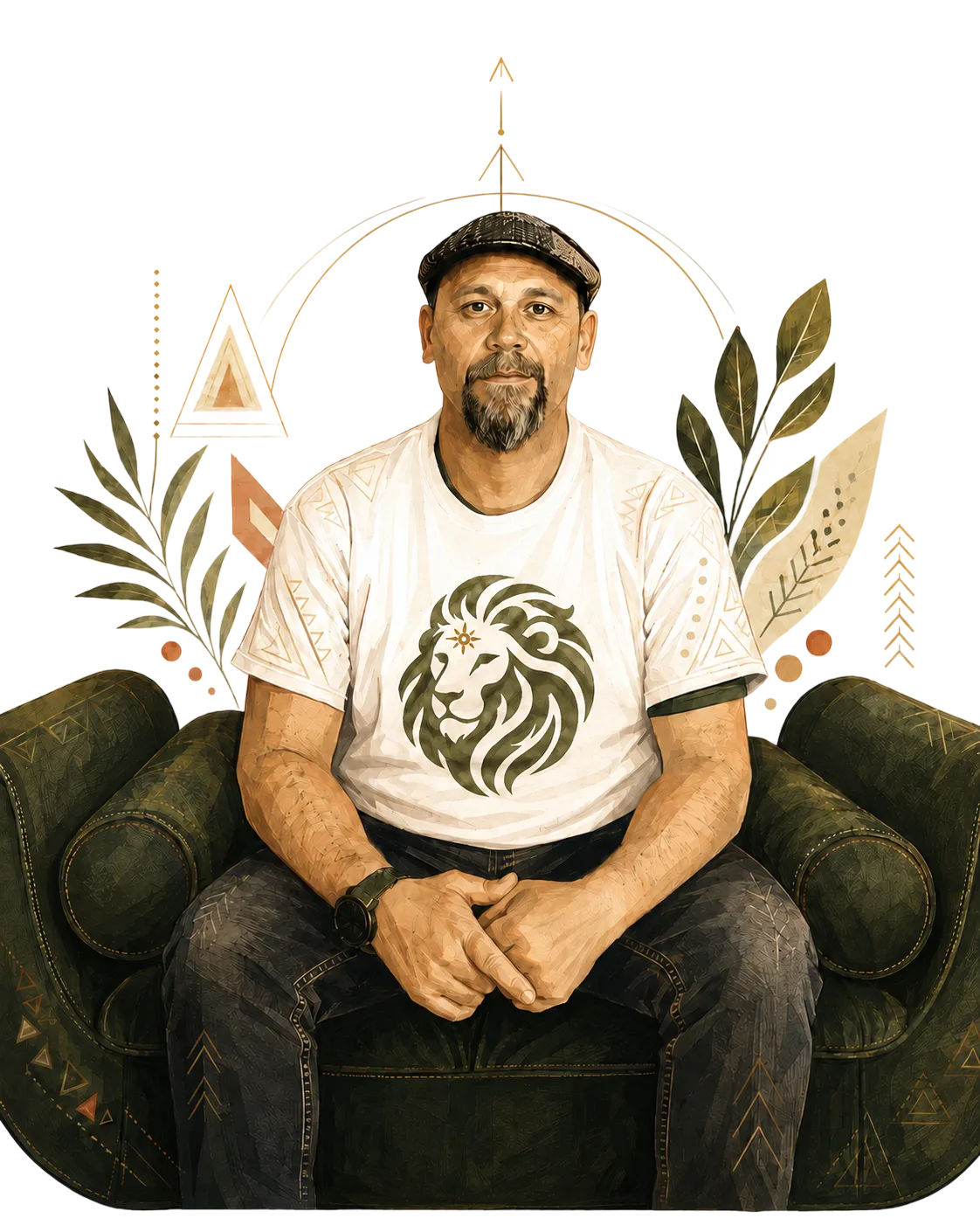 Illustrated portrait of Eric Bloomstein seated in an armchair, framed by botanical leaves, a golden arch, and geometric motifs