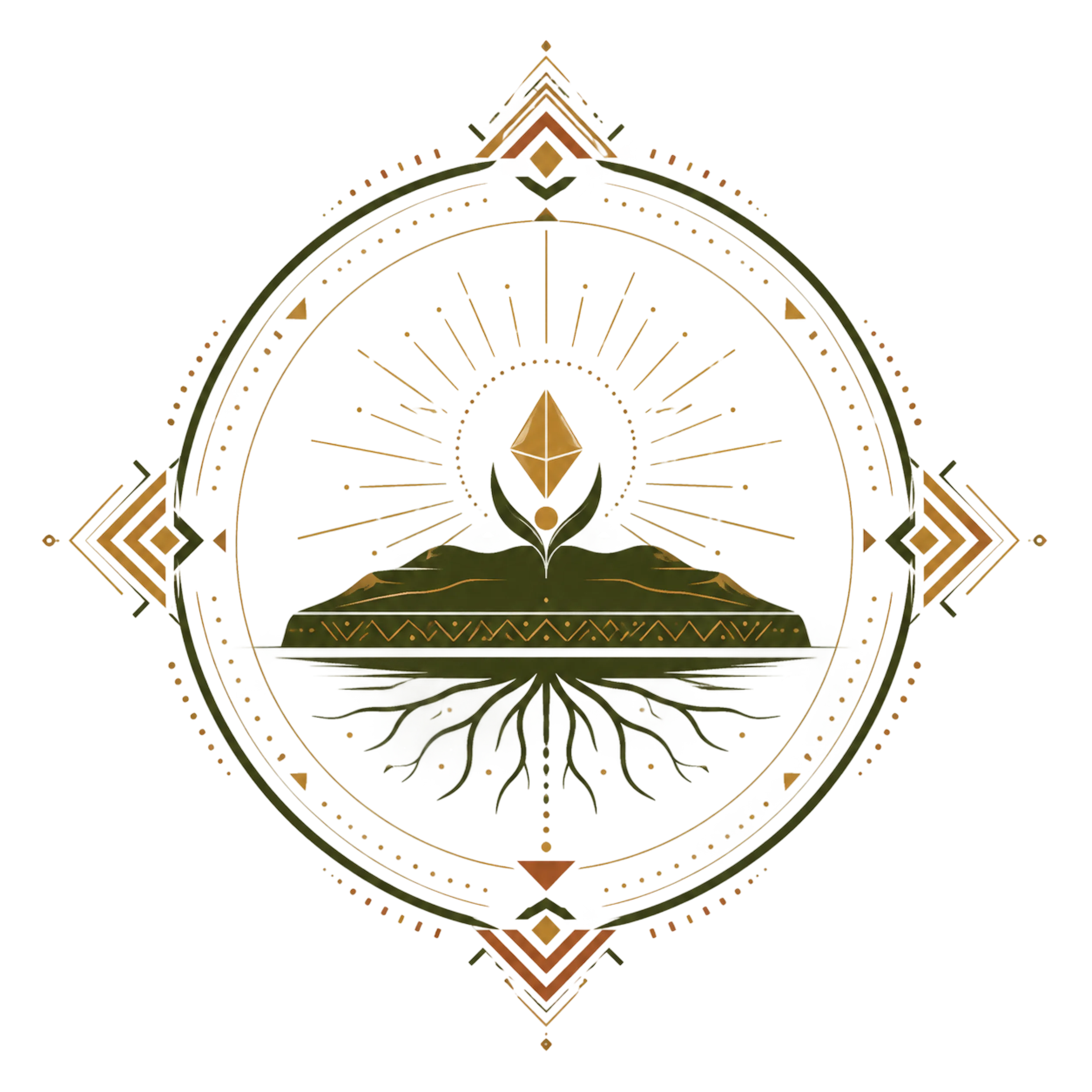 Grounding emblem — an island with deep roots beneath, crowned by a rising seedling and a compass star