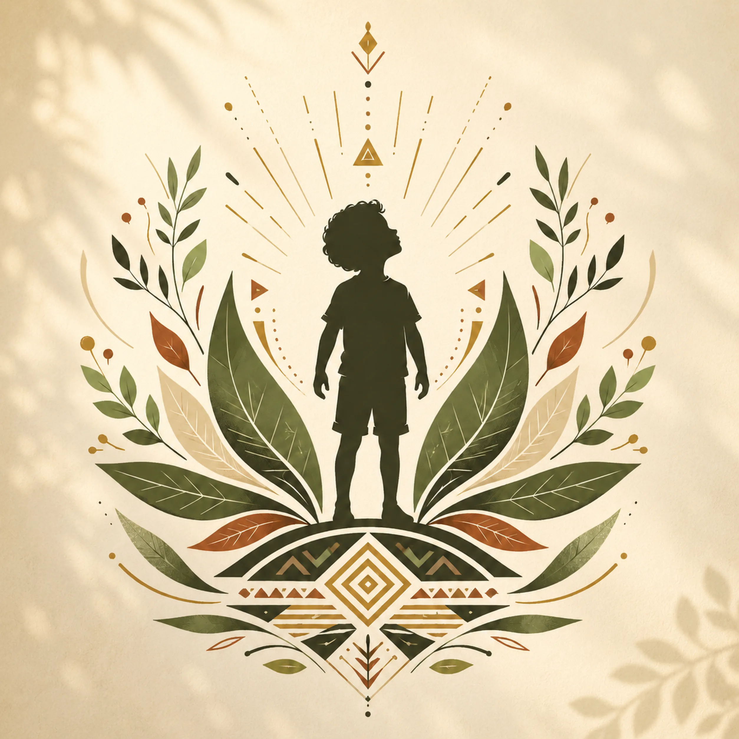 Illustration of a child standing tall atop leaves and geometric motifs, radiating light, framed by foliage