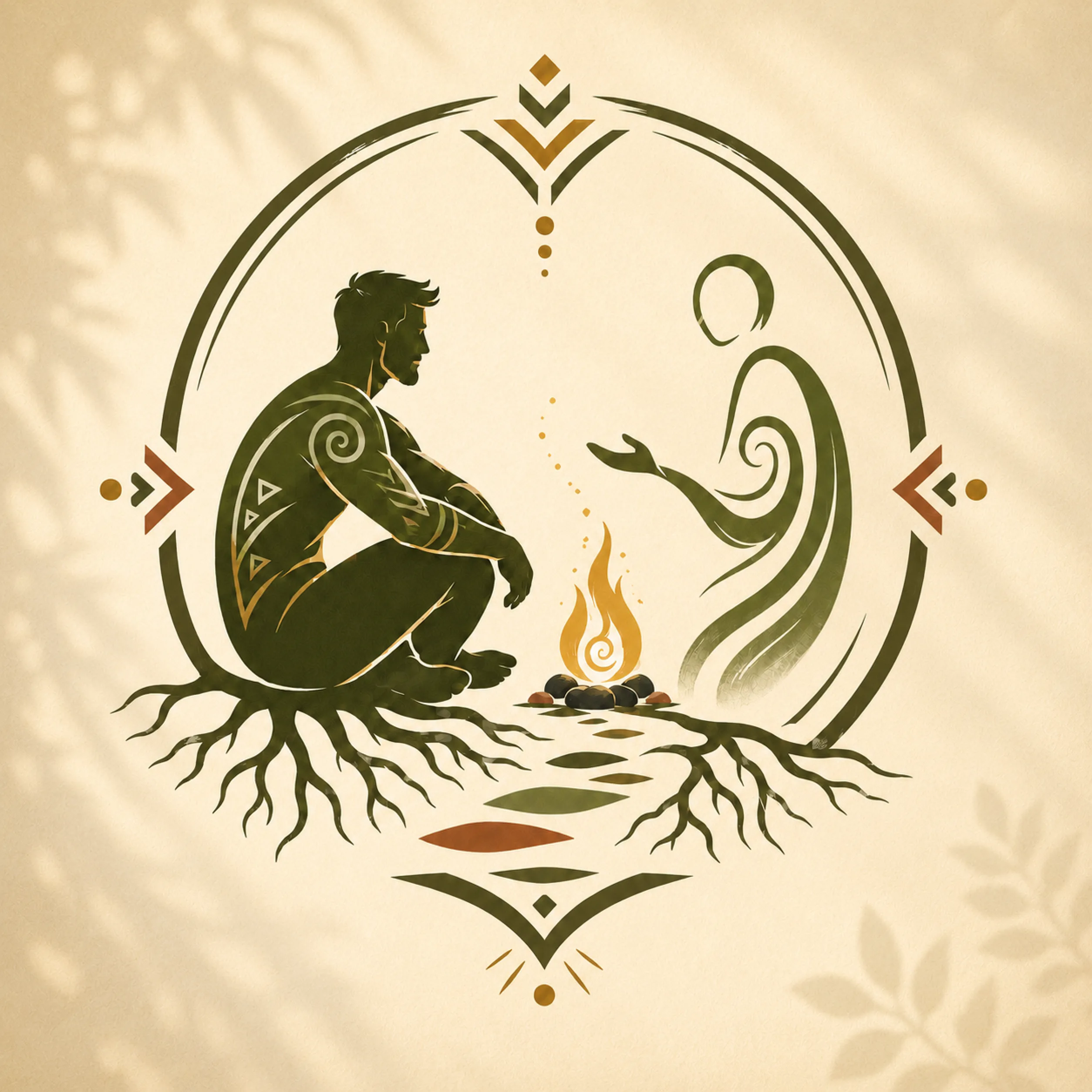 Illustration of a man seated by a fire reaching toward a flowing figure, roots beneath, framed by an oval of geometric and botanical motifs